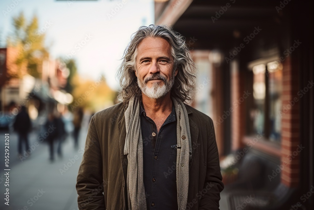 Portrait of a handsome middle-aged man with long gray hair and beard standing outdoors Portrait of a handsome middle-aged man with long gray hair and beard standing outdoors