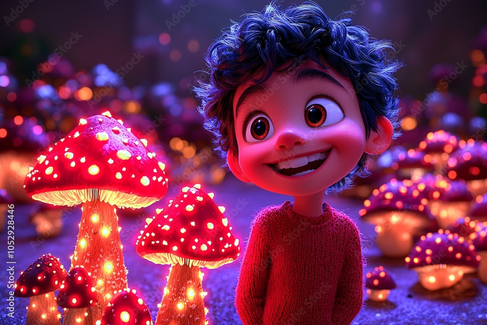 Obraz premium Cute Cartoon Boy in a Magical Mushroom Forest with Glowing Lights