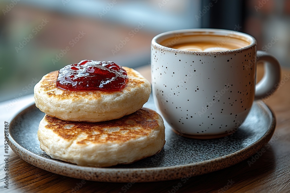 Two freshly made pancakes with a dollop of jam sit beside a steaming mug of coffee on a rustic wooden table. Two freshly made pancakes with a dollop of jam sit beside a steaming mug of coffee on a rustic wooden table.
