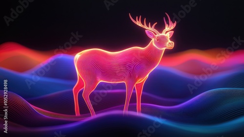 A vibrant, neon deer stands on colorful, flowing waves against a dark background, showcasing a fusion of nature and digital art.