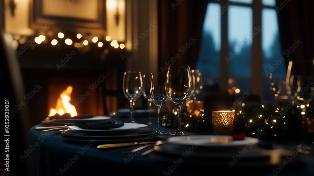 A beautifully set table with a fireplace and Christmas decorations in the background. A beautifully set table with a fireplace and Christmas decorations in the background.