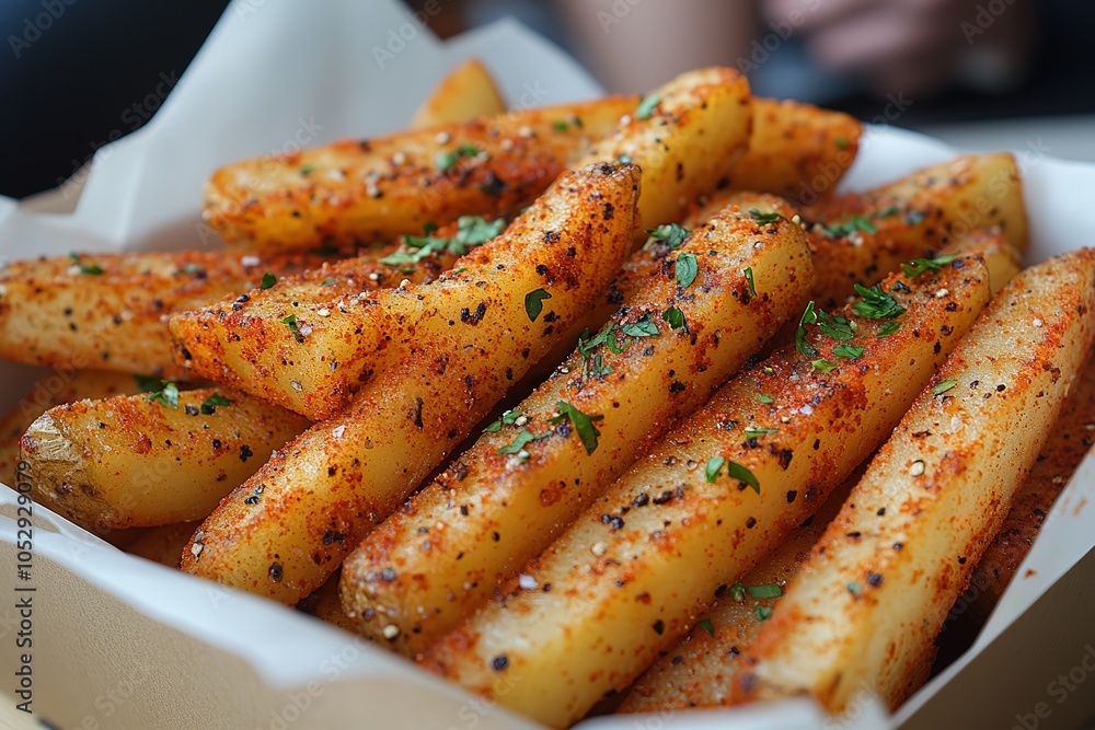 A close-up of crispy seasoned potato wedges with a sprinkle of fresh herbs. A close-up of crispy seasoned potato wedges with a sprinkle of fresh herbs.