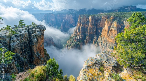 Majestic Canyon Landscape with Fog and Dramatic Rock Formations