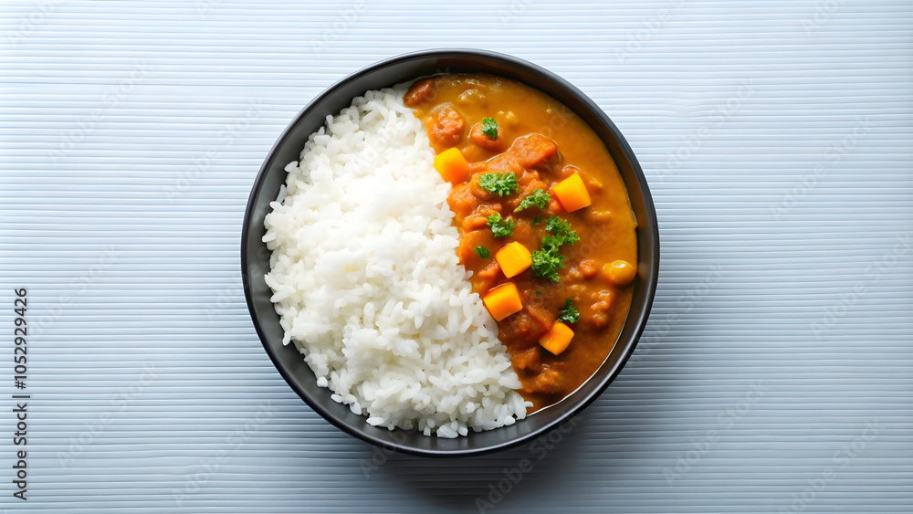 Steamed white rice in a bowl, a Japanese curry Steamed white rice in a bowl, a Japanese curry
