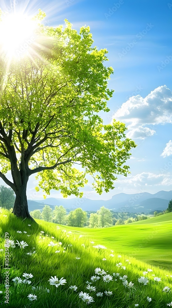 Fototapeta premium Sunny Meadow with Tree and Flowers.