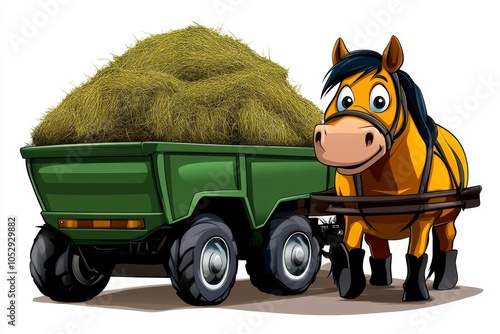 a 2D cartoon illustration of a horse pulling a cart filled with hay farm work white background photo