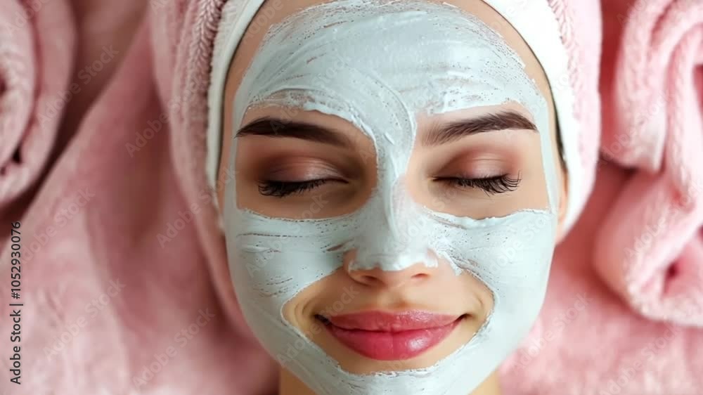 The woman lies peacefully as she enjoys a rejuvenating face mask during a soothing spa treatment, surrounded by luxurious towels and calming hues The woman lies peacefully as she enjoys a rejuvenating face mask during a soothing spa treatment, surrounded by luxurious towels and calming hues