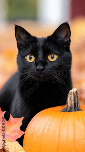 black cat with striking yellow eyes sits among autumn leaves and pumpkin, creating cozy fall atmosphere. scene evokes warmth and seasonal charm