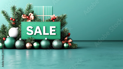A festive Christmas sale display featuring greenery and ornaments on a teal background, promoting seasonal shopping.