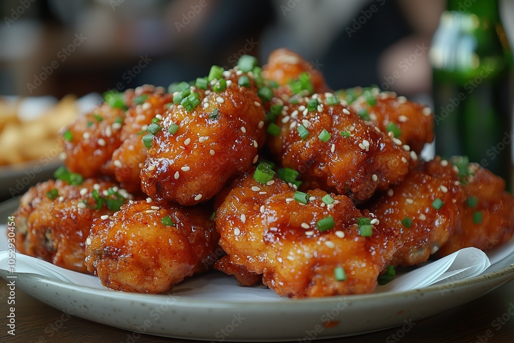 A plate piled high with crispy, golden-brown chicken wings coated in a sticky, sweet and savory sauce and sprinkled with sesame seeds and chopped scallions. A plate piled high with crispy, golden-brown chicken wings coated in a sticky, sweet and savory sauce and sprinkled with sesame seeds and chopped scallions.