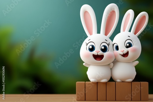 a 2D cartoon illustration of a rabbit family playing in the garden lively and cute white background