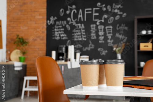 Cups of coffee on table in cafe, closeup