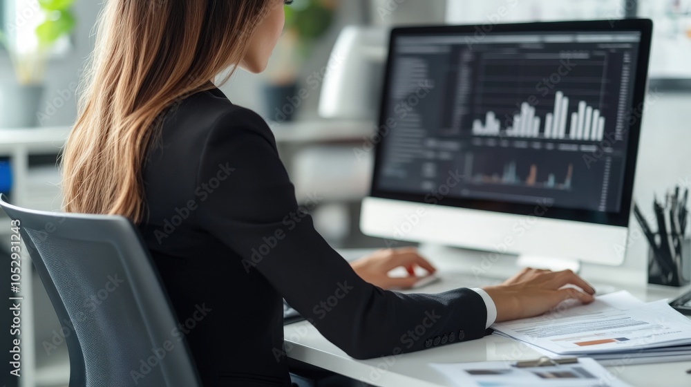 Accountant woman in business attire working in a modern office, analyzing financial data on her computer. The desk features spreadsheets, Accountant woman in business attire working in a modern office, analyzing financial data on her computer. The desk features spreadsheets,