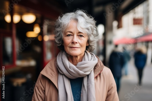 Portrait of a senior woman with grey hair in the city.