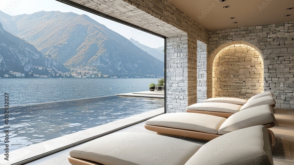 Fototapeta premium A Tranquil Spa Escape Overlooking a Stunning Lake and Majestic Mountains in Peaceful Surroundings.