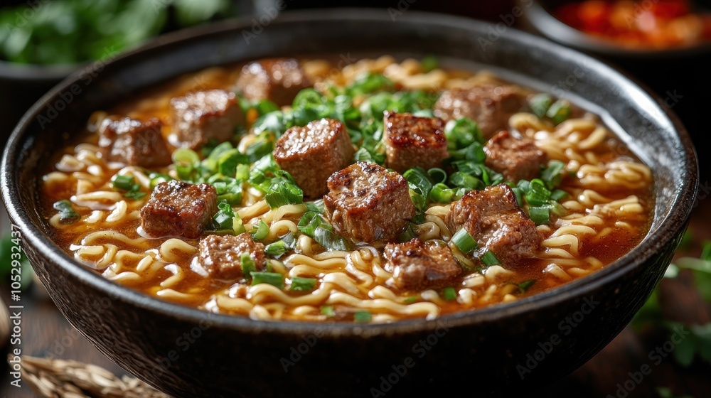 Closeup of a bowl of ramen noodles with beef Closeup of a bowl of ramen noodles with beef