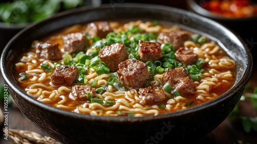 Closeup of a bowl of ramen noodles with beef