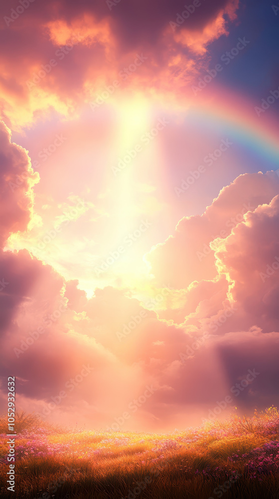 breathtaking sunset illuminates sky with vibrant colors, casting warm glow over field of flowers. rainbow adds magical touch to this serene landscape breathtaking sunset illuminates sky with vibrant colors, casting warm glow over field of flowers. rainbow adds magical touch to this serene landscape