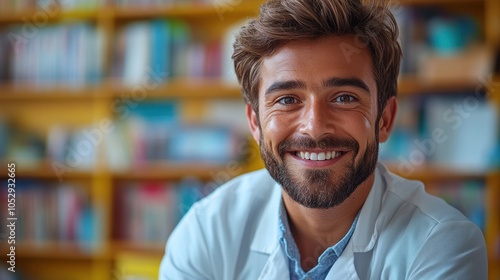 Portrait of a Smiling Man in a White Lab Coat