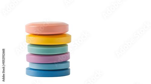 Stack of multicolor pharmaceutical vitamin pills on white background