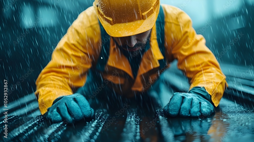 Close up portrait of a hardworking engineer repairing wet industrial machinery in intense dramatic rainy conditions with raindrops highlighted by the lighting showcasing their skilled Close up portrait of a hardworking engineer repairing wet industrial machinery in intense dramatic rainy conditions with raindrops highlighted by the lighting showcasing their skilled