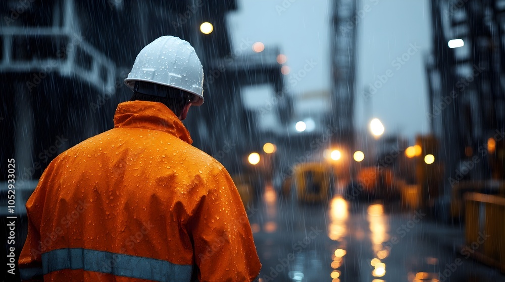 Skilled engineer working to repair a pipeline on an offshore oil rig platform during a rainy night with wet machinery and puddles forming around the worksite under the rig s night lighting Skilled engineer working to repair a pipeline on an offshore oil rig platform during a rainy night with wet machinery and puddles forming around the worksite under the rig s night lighting