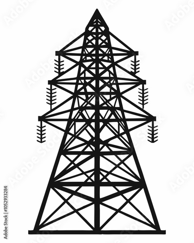 Black vector illustration of a transmission tower silhouette on white background