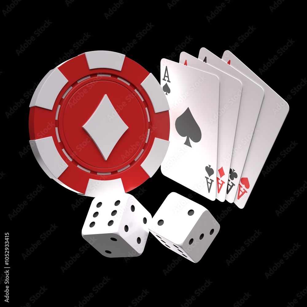 Obraz premium Ace Card Poker with Diamond Chips and Dice for Casino Concept 3D Illustration