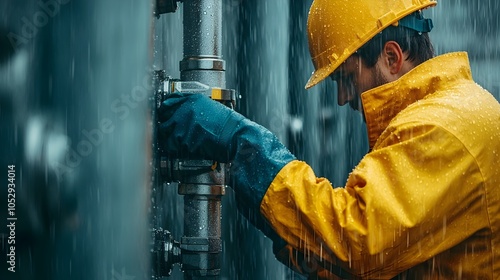 Close up side profile of an engineer s hands meticulously repairing heavy machinery while working in the rain with raindrops visible on the tools and equipment