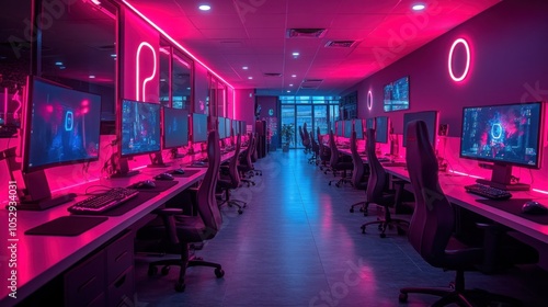 Gaming Room with Neon Lights and High-Tech Setup