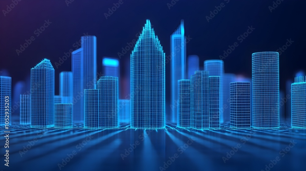 Futuristic cityscape rendered in a sleek wireframe style with intricate gridlines forming a dynamic network of buildings streets and infrastructure This abstract Futuristic cityscape rendered in a sleek wireframe style with intricate gridlines forming a dynamic network of buildings streets and infrastructure This abstract