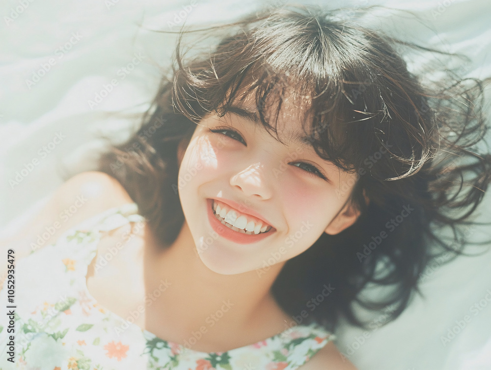 a young woman with short hair, smiling and looking up. She is outdoors. a young woman with short hair, smiling and looking up. She is outdoors.