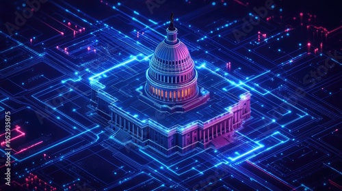 3D rendering of the US Capitol building surrounded by neon circuit boards, symbolizing the intersection of government and technology.
