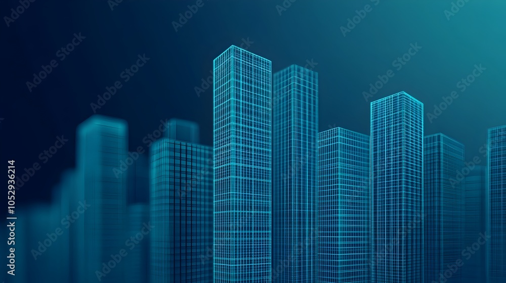 Geometric Wireframe Rendering of a Downtown City Skyline Showcasing the Intricate Complexity and Architectural Beauty of Modern High Rise Skyscrapers and Towers Geometric Wireframe Rendering of a Downtown City Skyline Showcasing the Intricate Complexity and Architectural Beauty of Modern High Rise Skyscrapers and Towers