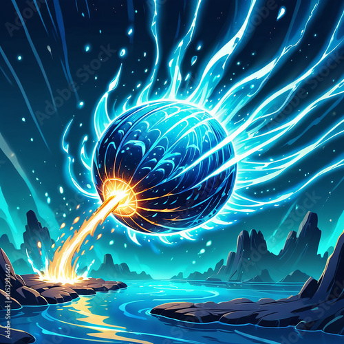 A blue sphere with a fiery core descends from the sky, leaving a trail of glowing blue energy. It impacts a watery landscape with rocky islands, creating a splash of yellow light. photo