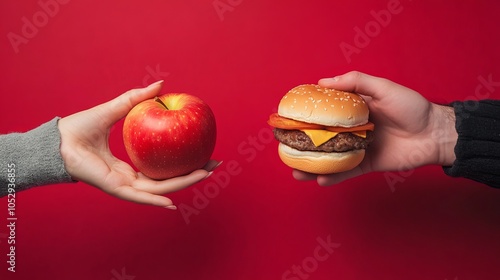 Healthy vs Unhealthy Food Choice: Apple in One Hand, Hamburger in the Other on Red Background with Copy Space photo