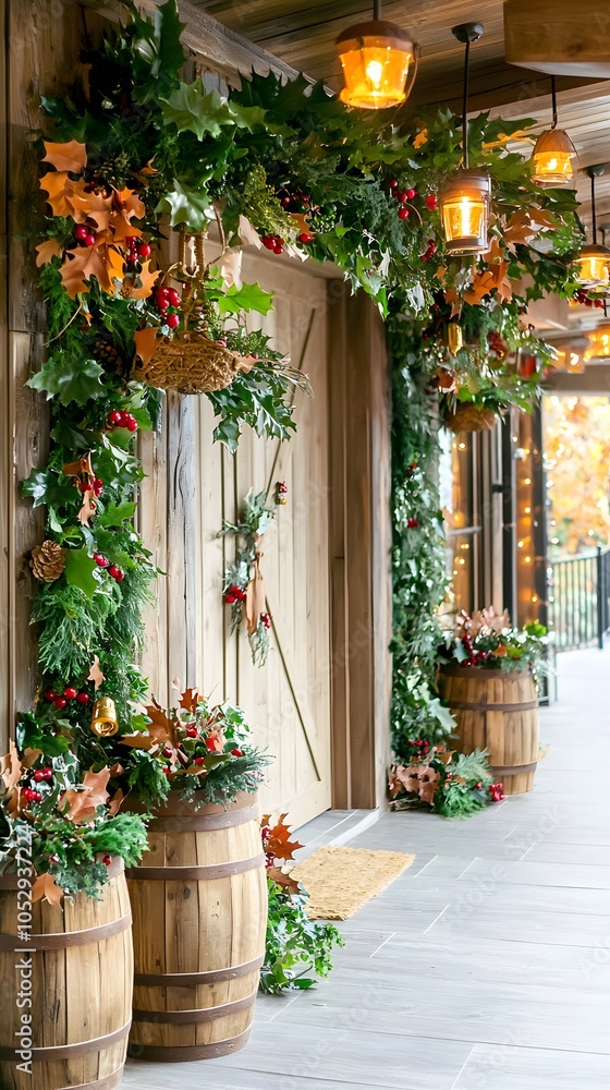 Naklejka premium Rustic Wooden Door with Christmas Decorations.