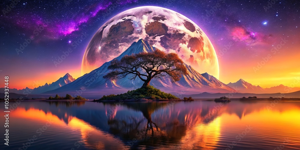 Lonely Tree Beneath a Giant Moon, Mountains Reflecting in Still Water, Digital Art, Surreal Landscape, Night Sky, Fantasy, Nature Lonely Tree Beneath a Giant Moon, Mountains Reflecting in Still Water, Digital Art, Surreal Landscape, Night Sky, Fantasy, Nature
