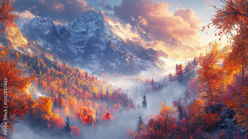 A misty mountain landscape at dawn, with vibrant autumn foliage surrounding the slopes. The early sunlight streams through the mist, illuminating the colors in a warm glow A misty mountain landscape at dawn, with vibrant autumn foliage surrounding the slopes. The early sunlight streams through the mist, illuminating the colors in a warm glow