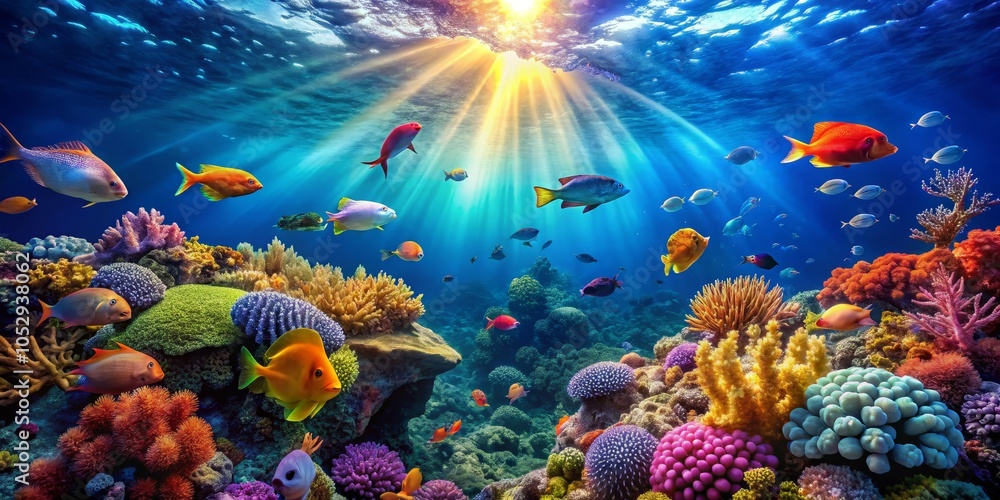 Naklejka premium Underwater Paradise Colorful Fish and Coral Reef, Sunlight Beams, vibrant, underwater, reef, coral, fish