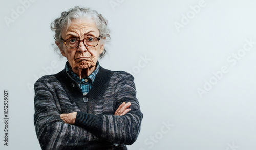 Senior woman with eye glasses eeling displeased frowning with arms crossed on bright background photo