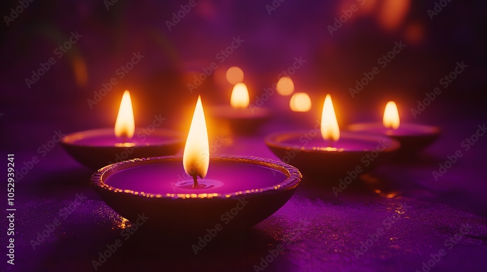 Close Up of Six Diwali Candles with Copy Space on Purple Background
Close Up of Six Diwali Candles with Copy Space on Purple Background