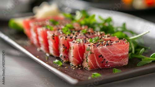 Slices of seared tuna on a black plate with arugula and sesame seeds