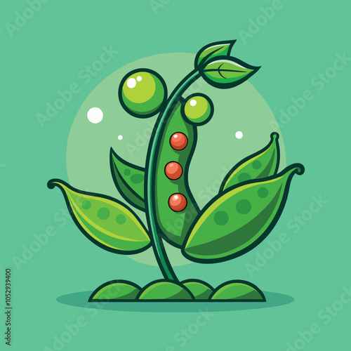 A cartoon illustration of a pea pod plant with vibrant green leaves and red peas.