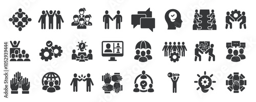 Teamwork glyph solid icons collection. Containing organization, management, business, collaboratin. Minimal icon and symbol series vector illustration