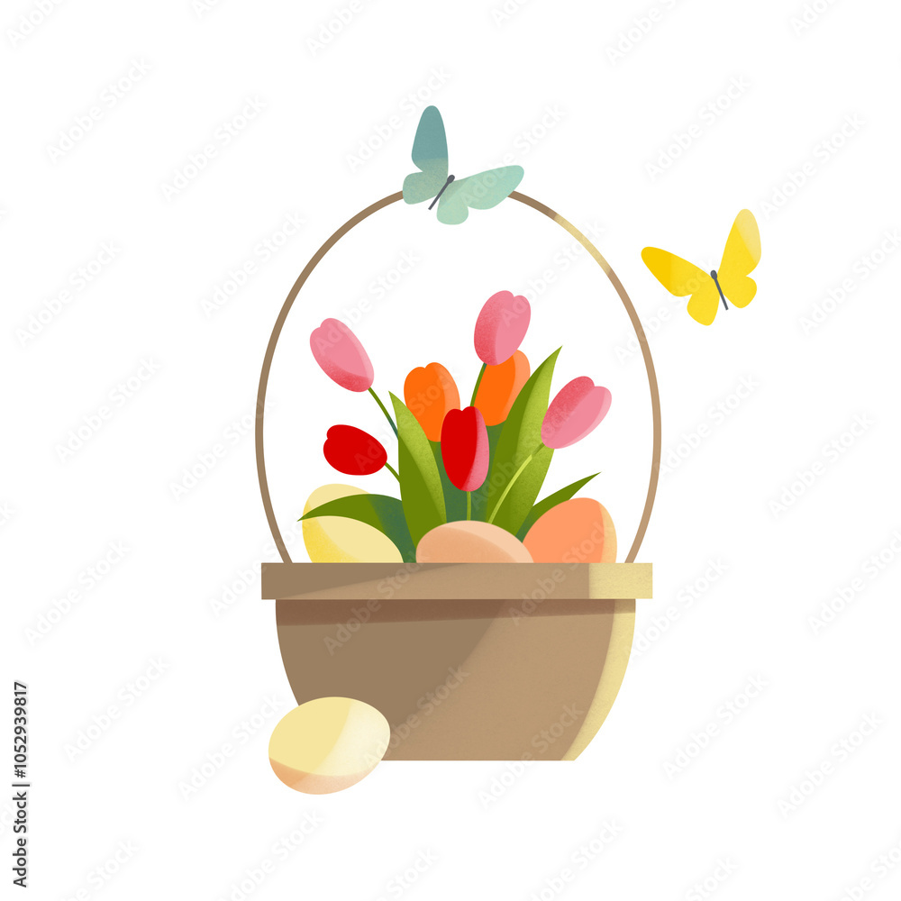 Easter basket with flowers and eggs Easter basket with flowers and eggs