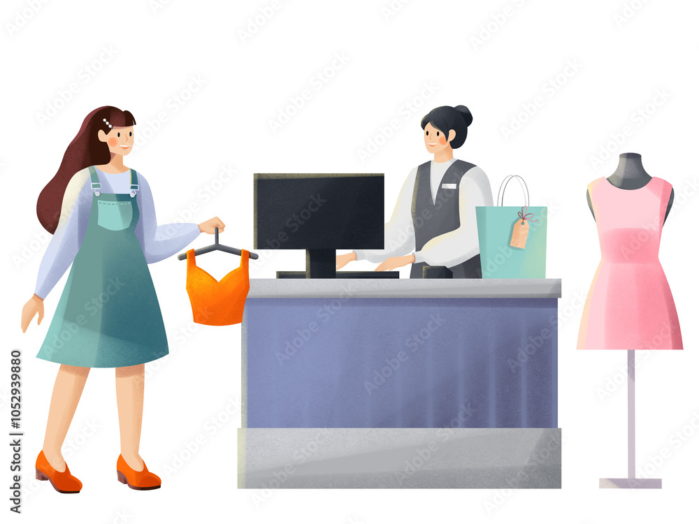 Young woman buying clothes in apparel store with cashier Young woman buying clothes in apparel store with cashier