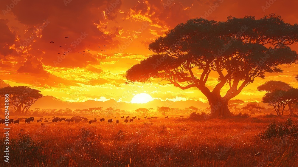A vast savanna landscape at sunset, with acacia trees silhouetted against a vibrant orange sky. Herds of wildlife roam freely, adding to the timeless beauty A vast savanna landscape at sunset, with acacia trees silhouetted against a vibrant orange sky. Herds of wildlife roam freely, adding to the timeless beauty