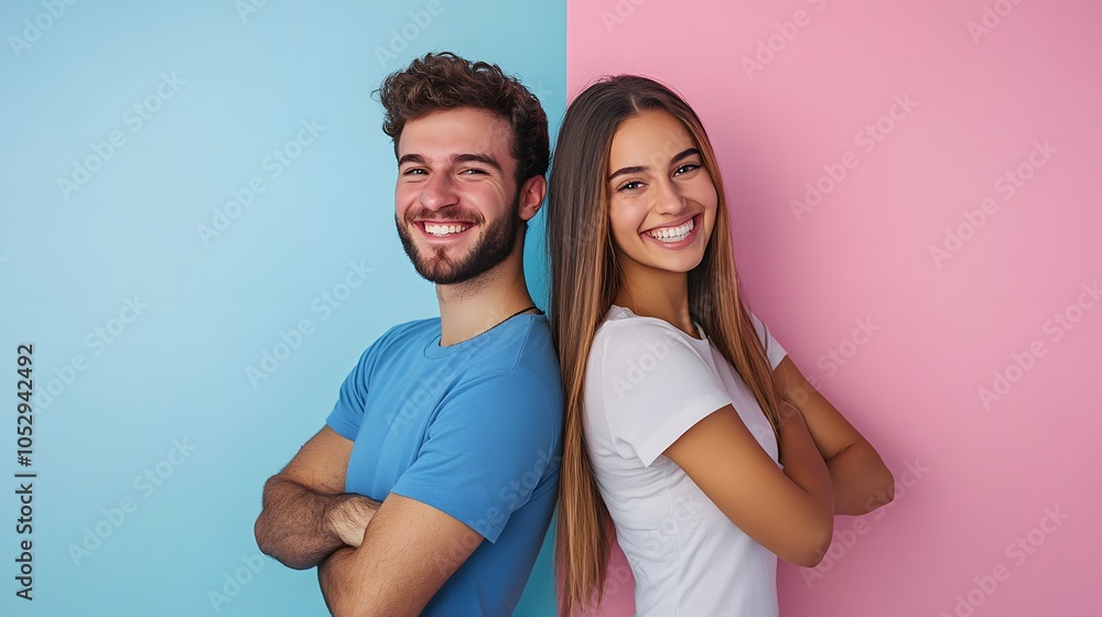 Fototapeta premium Cheerful hsppy man and woman with crossed hands standing back to.