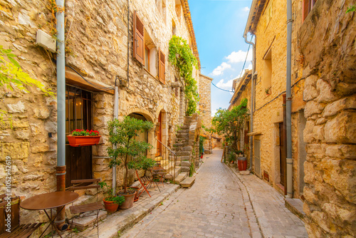 Принти на полотні A long, narrow cobblestone alley in the medieval hilltop village of Tourrettes-sur-Loop, France, in the Alpes-Maritimes region of Southern France